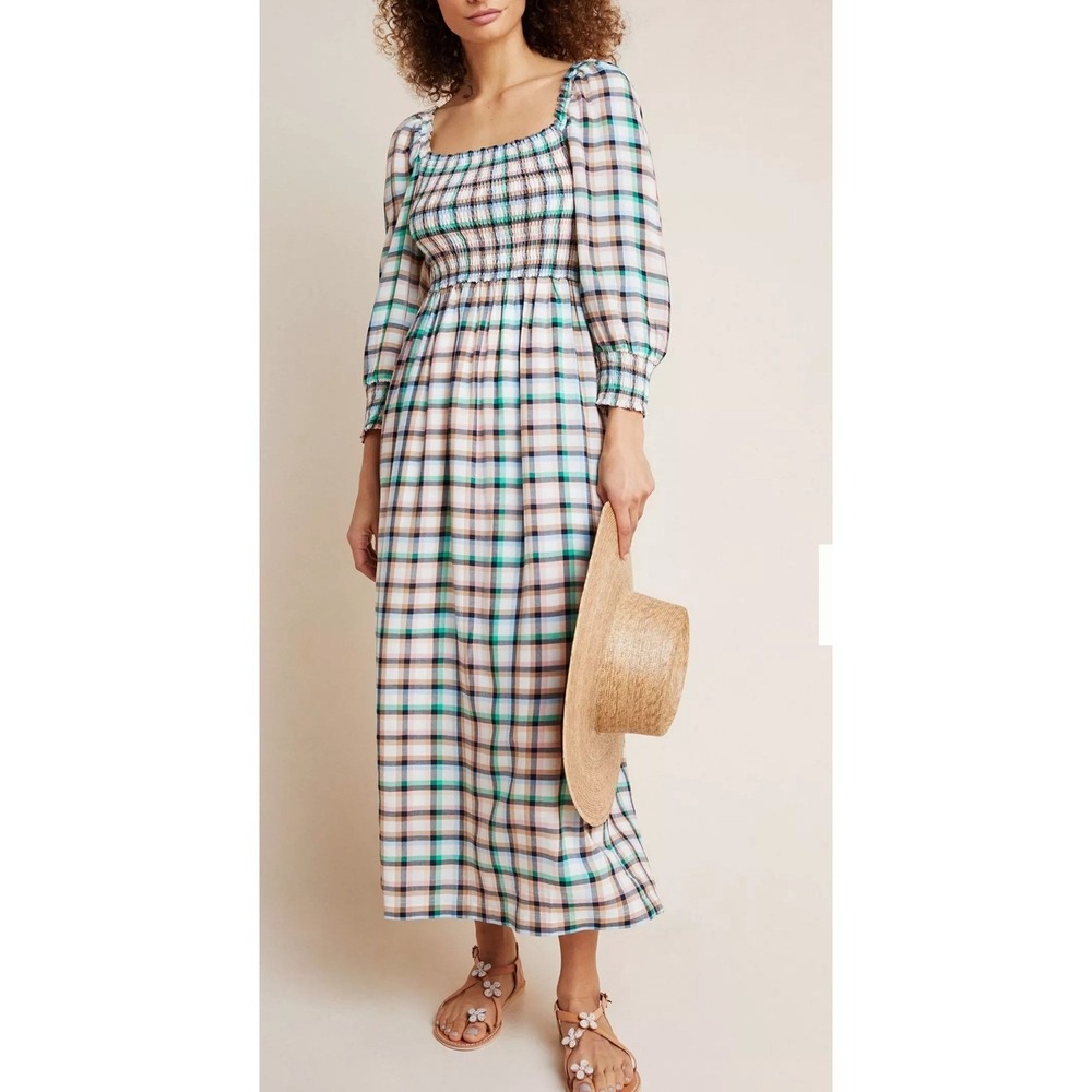 Maeve Anthropologie Plaid Smocked Midi Dress Multicolor Square Neck Medium